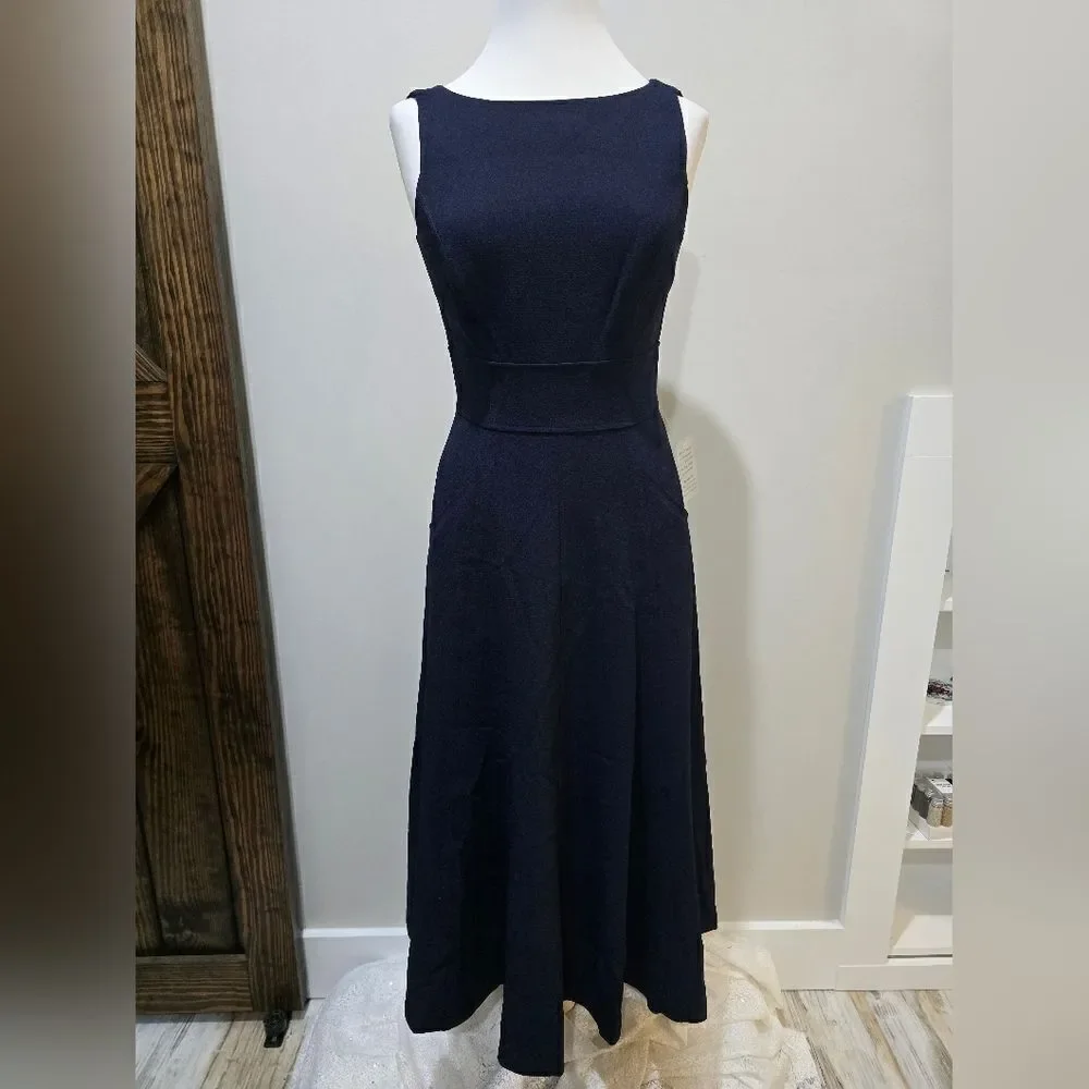 Eliza J Bateau Neck Fit Flare Dress Midi Navy Blue sz 2 NWOT